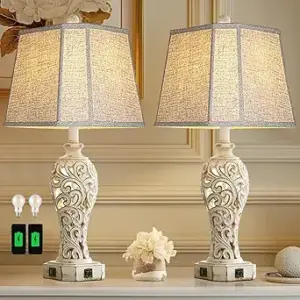 Set of 2 Rustic Table Lamps for Living Room Bedroom, Farmhouse Vintage Nightstand Lamp with 2 USB Ports, Hollow Out Resin Lamp for End Table with Nightlight, Bulbs Included (Wash White)