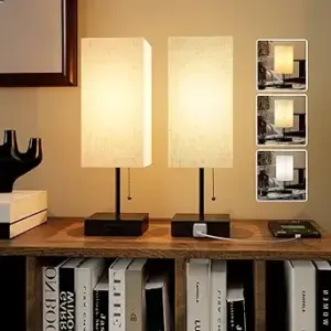 Table Lamp for Bedroom,Nightstand Lamp for Bedside with AC Outlets,Adjustable 3color LED Light Desk Lamp for Home Decor,Included Bulb and Lamp Shade (Linen White-onlyAC, 2PCS)