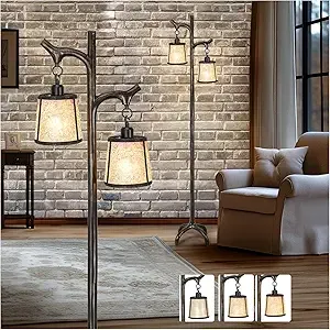 68" Farmhouse Floor Lamp with Mica Shade for Living Room,Modern Industrial Vintage Standing Floor Lamp for Bedroom,Stepless Dimmable Rustic Tree Trunk Tall Lamp for Office,Living Room (Bulb Included)