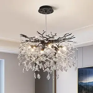 Modern Tree Branch Crystal Chandelier Luxury Black Crystal Pendant Lighting 18" Contemporary 6-Light Chandeliers for Dining Room Kitchen Bedroom Living Room