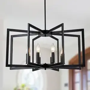 8-Light Black Chandelier, 27" Farmhouse Dining Room Light Fixture,Geometric Metal Industrial Modern Chandelier for Entryway Foyer Kitchen Over Table Bedroom Living Room