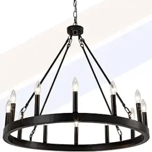 ZVL 32 Inch Black Wagon Wheel Chandelier - 12-Light Farmhouse Style Adjustable Height Round Iron Ceiling Light for Living Room, Dining Room, Entryway, E12 Socket