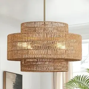4-Light Boho Rattan Chandelier Light Fixture, 17.7” Hand Woven Rustic Chandeliers Farmhouse Chandelier Hanging Light for Dining Room Kitchen Island, Living Room, Foyer