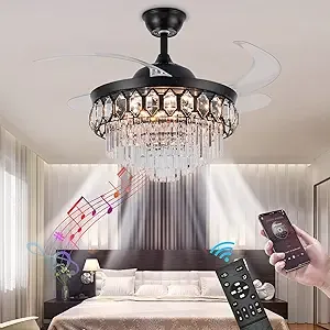 42'' Crystal Ceiling Fan with Lights and Bluetooth Speaker, Black Fandelier Crystal Ceiling Light, Luxury Retractable Chandelier Fan with Remote, Dimmable Reversible for Living Room Bedroom