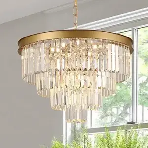 Modern Crystal Chandeliers Gold 24” Round Chandelier for Dining Room 12 Light Ceiling Pendant Light Fixture Raindrop Luxury Gold Flush Mount Chandelier for Entryway Living Room
