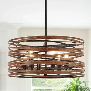 19.7" Drum Chandelier Light Fixture Vintage Farmhouse 6-Lights Black Chandelier with Wooden Finish Industrial Rustic Drum Chandeliers for Dining Room, Bedroom, Kitchen, Living Room, E12